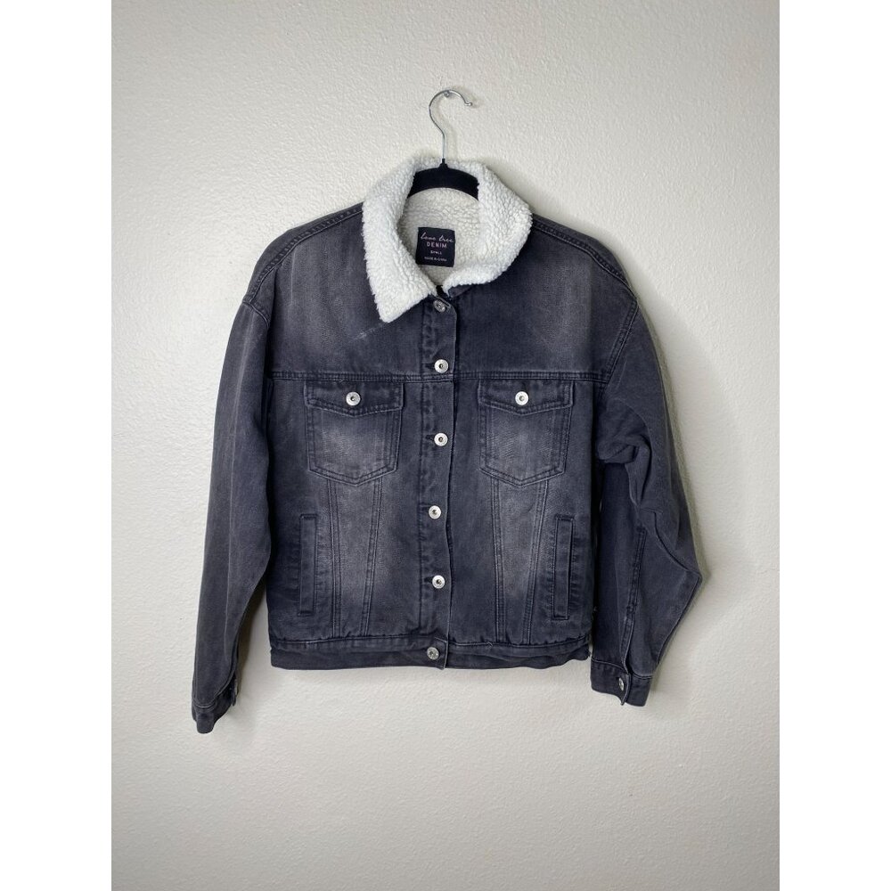 Love Tree Denim Sherpa-Lined Black Jacket Faux Fur Collar Ladies Small Stylish